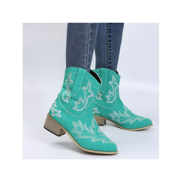 Woobling Womens Vintage Booties Wide-Calf Cowgirl Boots Mid Calf Western Boot Comfort Winter Shoes Women Pointed Toe Embroidered Sky Blue 7