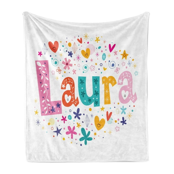 Laura Soft Flannel Fleece Throw Blanket, Baby Girl Name with Vintage Doodle Style Flowers and Stars Colorful Illustration, Cozy Plush for Indoor and Outdoor Use, 50" x 70", Multicolor, by Ambesonne