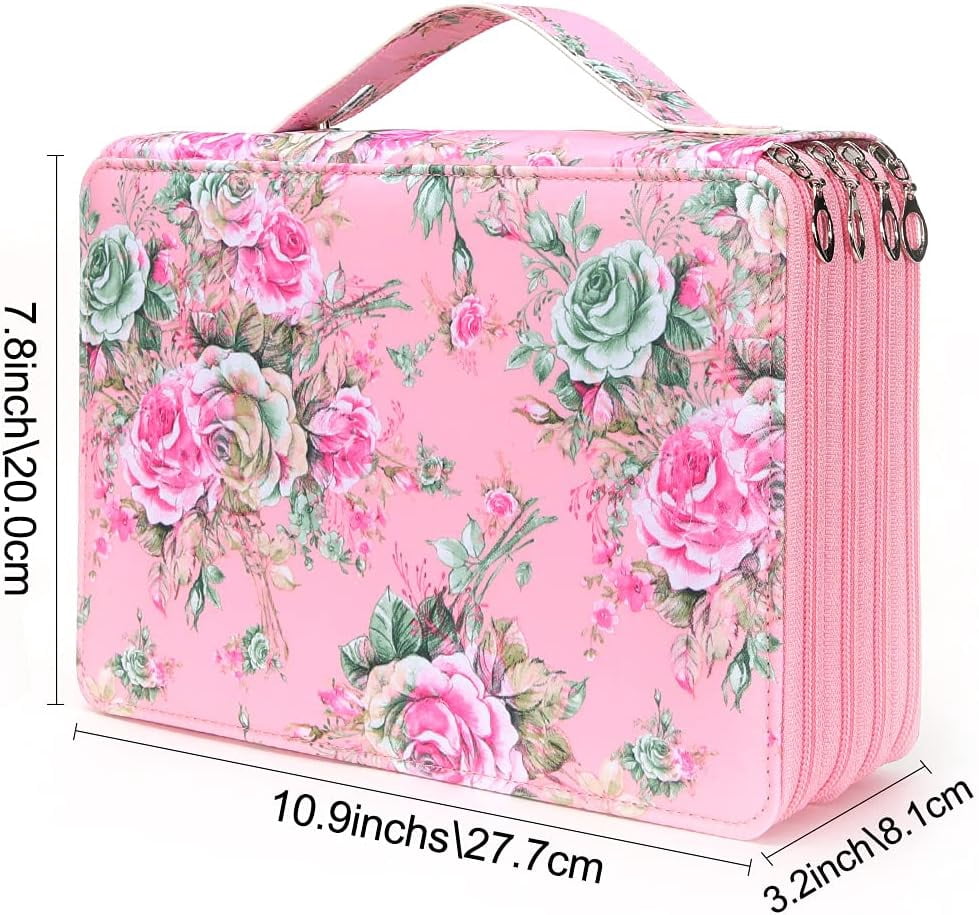 Portable Colored Printing Flower Pencil Case - 200 Slots Pencil Holder with Zipper Closure Twill Fabric Large Capacity Pencil Case for Watercolor Pens Markers, Multilayer Pencil Organizer for Artist