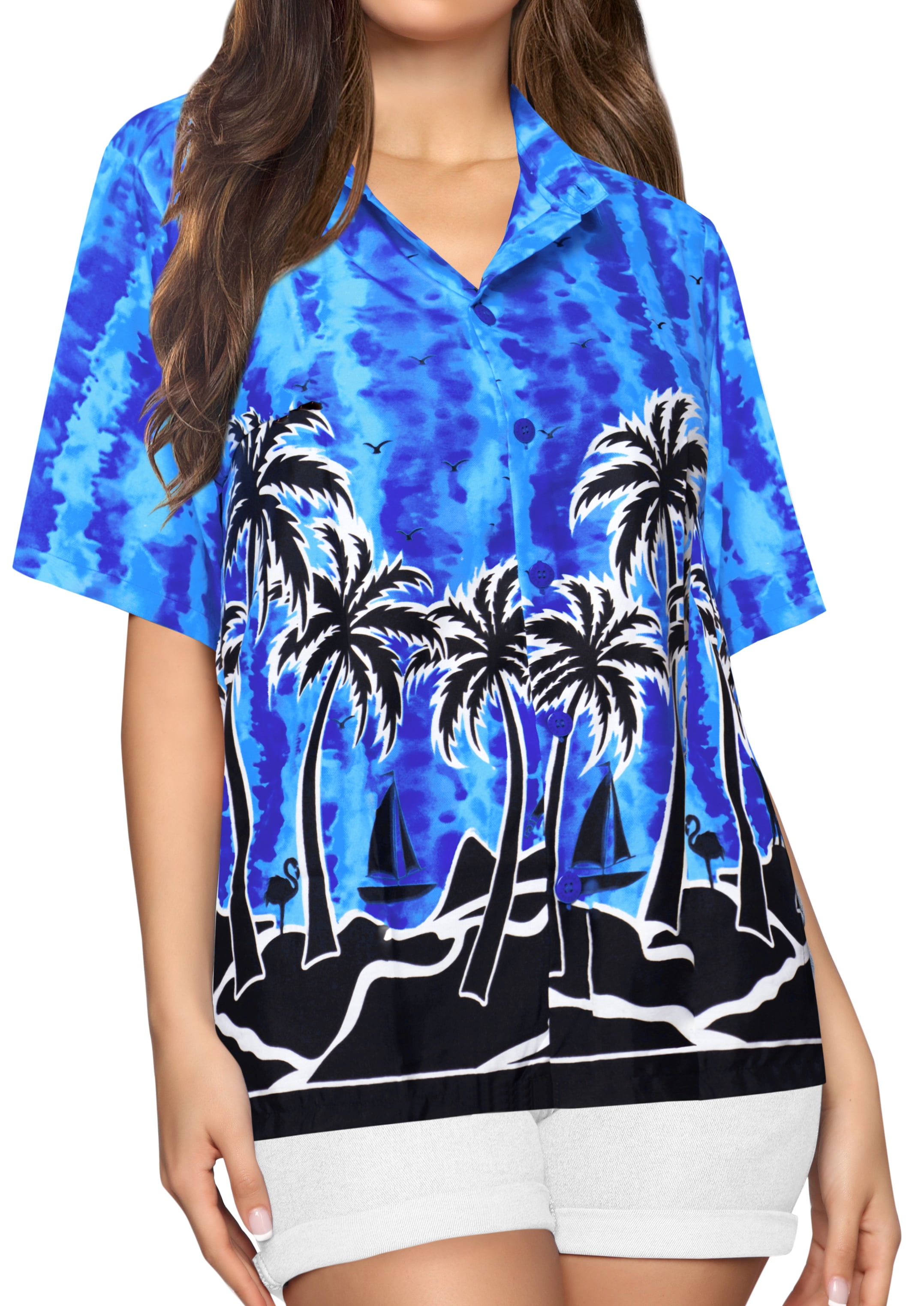 LA LEELA Women's Hawaiian Blouse Shirt Short Sleeve Button Up Shirt S Blue_X99