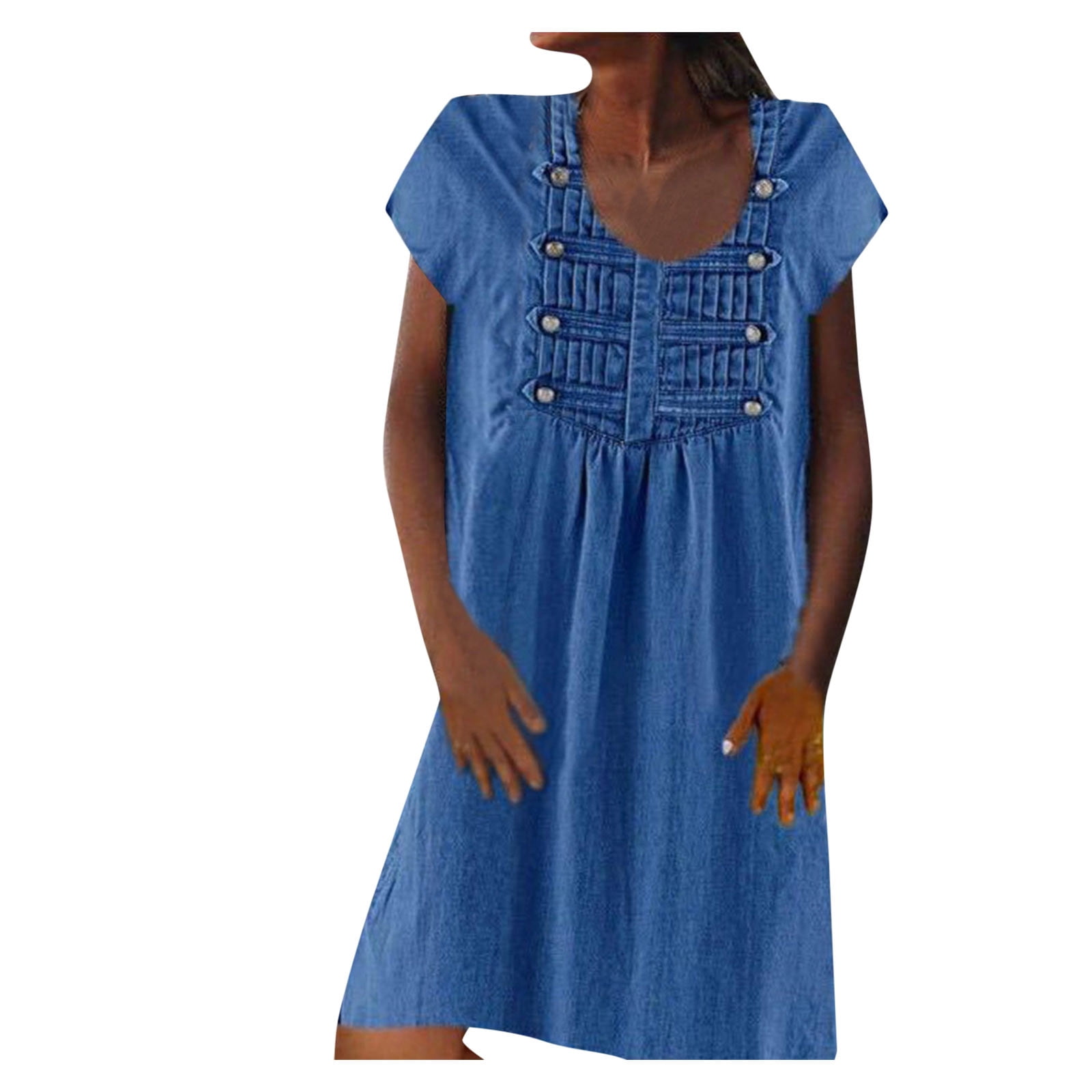 Leutsin Women's Button V-neck Medium Length Denim Short Sleeve Plus Size Maxi Dresses