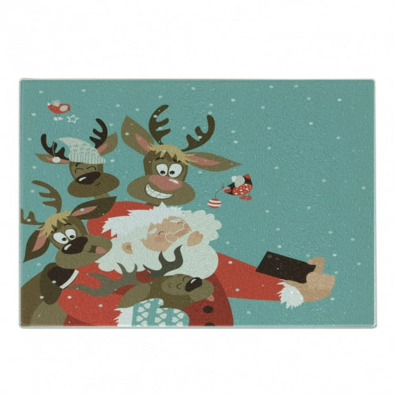 Santa Cutting Board, Father Xmas with Funny Face and Silly Reindeer Buddies Taking a Selfie Having Fun, Decorative Tempered Glass Cutting and Serving Board, Small Size, Multicolor, by Ambesonne