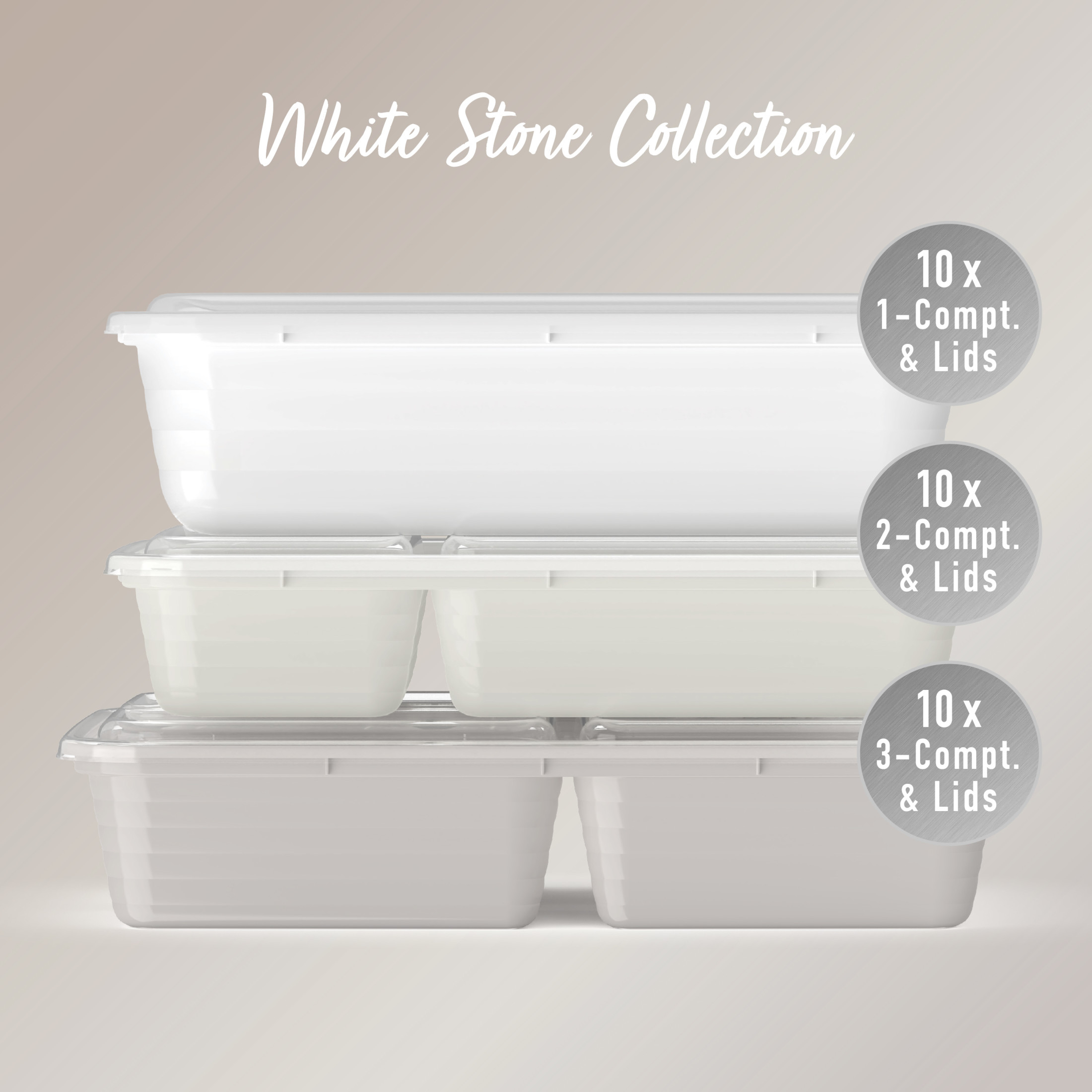 Bentgo Prep 60-Piece Meal Prep Kit - Reusable & BPA-Free Food Containers, 1-Compartment, 2-Compartment, & 3-Compartments - Microwave, Freezer, & Dishwasher Safe (White Stone)