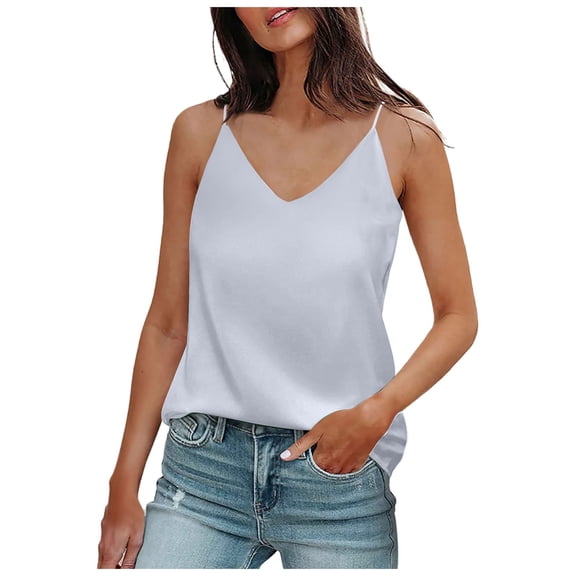 MIASHUI Summer V-Neck Sleeveless Tank Top for Women Elegant Satin Camisole with Delicate Straps Grey,M