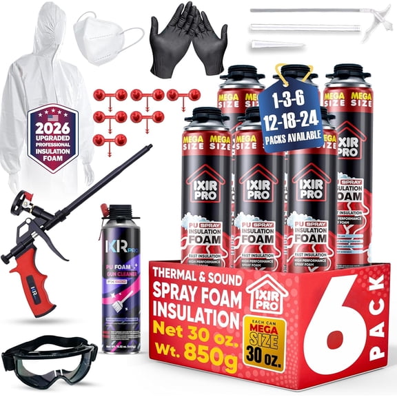 Spray Foam Insulation Kit (6 PK Kit-30oz) Expanding Sealant, Spray Foam, Mega Size Closed Cell Heat Acoustic Insulation