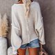 thumbnail image 3 of Suéter de punto con cuello redondo para mujer, manga larga, suelto, con hombros caídos, tops con borde blanco para otoño invierno, caqui M, 3 of 5