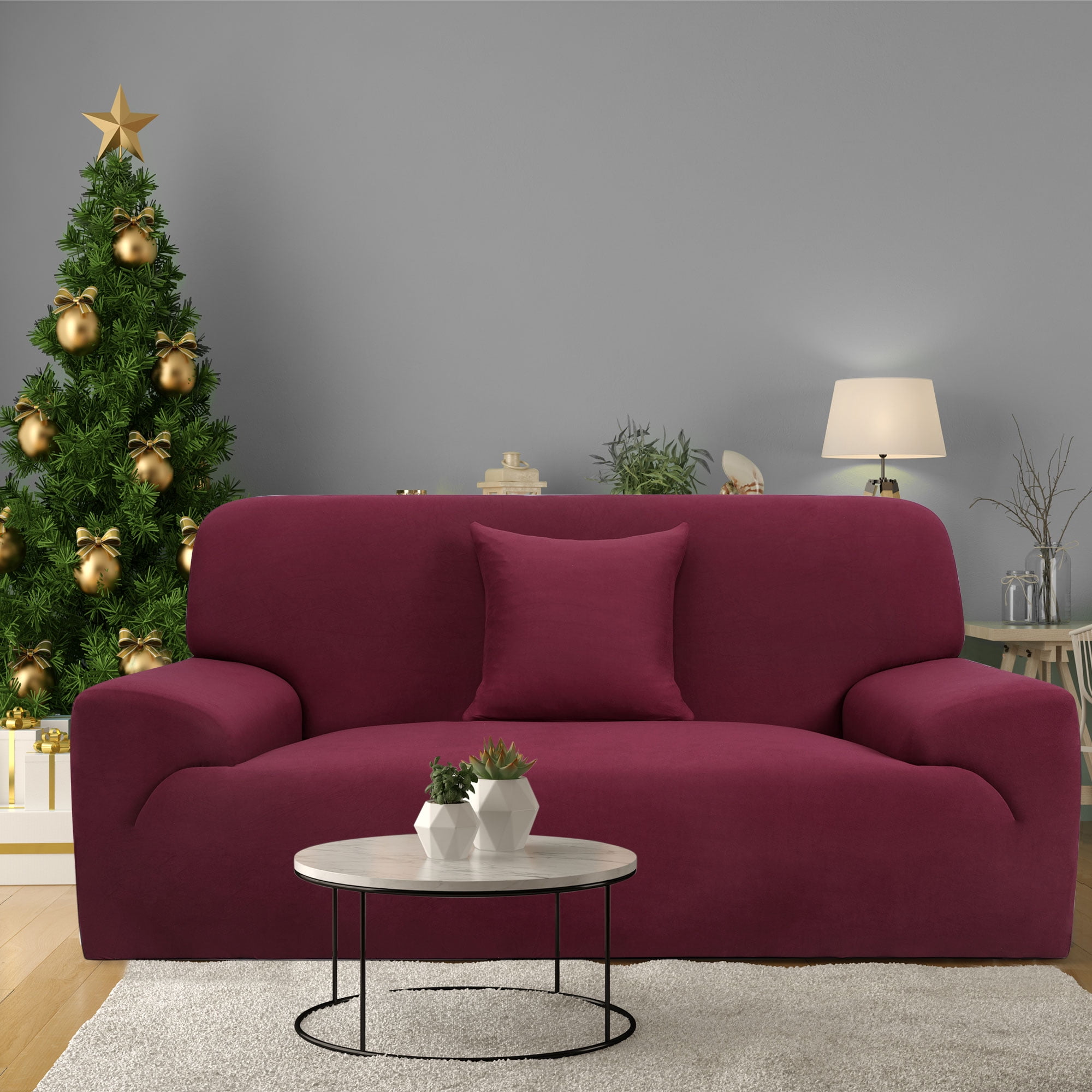 PiccoCasa Thick Stretch Sofa Cover 2 Seater Solid Couch Cover, Burgundy