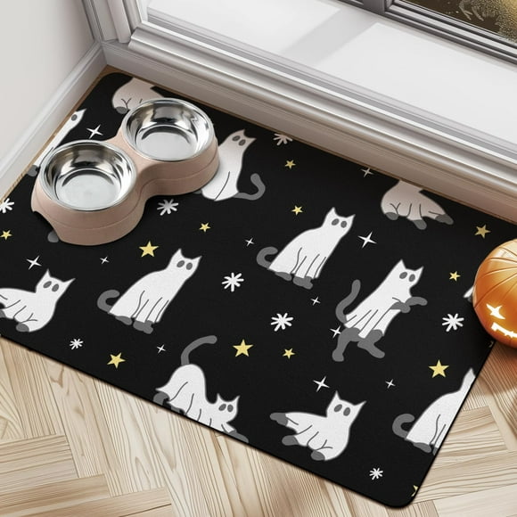 Alfombrilla de comida para mascotas Cuslnox para Halloween, absorbente y antideslizante