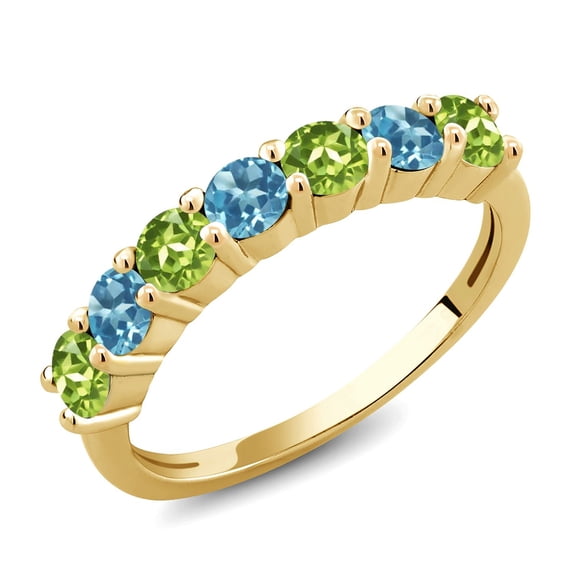 Gem Stone King 18K Yellow Gold Plated Silver Round Green Peridot and Swiss Blue Topaz Anniversary Ring for Women 1.32 Cttw, Gemstone Birthstone (Size 5)