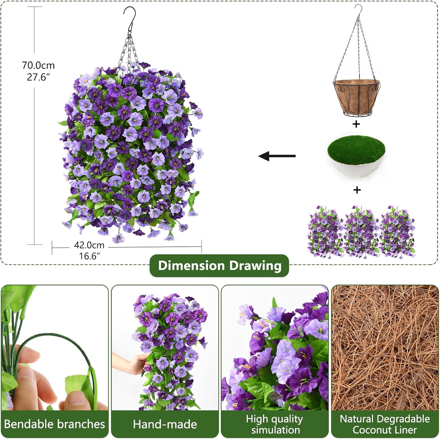 Artificial Fake Hanging Flowers Plants Baskets for Outdoor Spring Summer Decorations,Faux Morning Glory Silk Flower for Outside UV Resistant Patio Yard Home Porch Decor