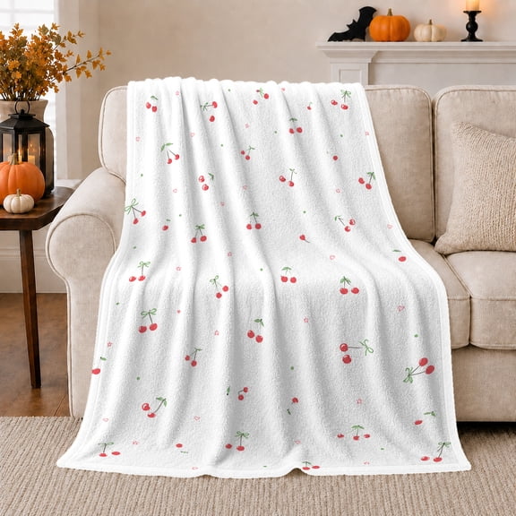 Tiny Cherry Pairs With Bows And Hearts, Cozy Flannel Blanket with Minimal Fruit Repeat Print, Housewarming Gift for Minimal Cherry Pattern Fans, Home Decor for Bedroom and Living Room