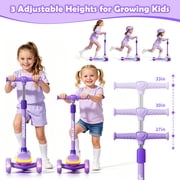JoyStone Kick Scooter for Kids with LED Light Wheels & Music, 3 Adjustable Height Handlebars, Lean-to-Steer Technology, 3 Wheel Scooter for Toddlers Girls Boys Up to 110 Lbs, Purple