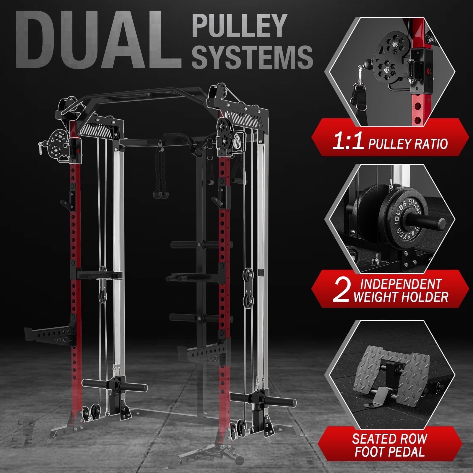Mikolo Power Rack Cage, Weight Rack with Dual Pulley Cable Crossover Machine,Multi-Function Squat Rack with J Hooks,Dip Bars and Landmine for Home Gym