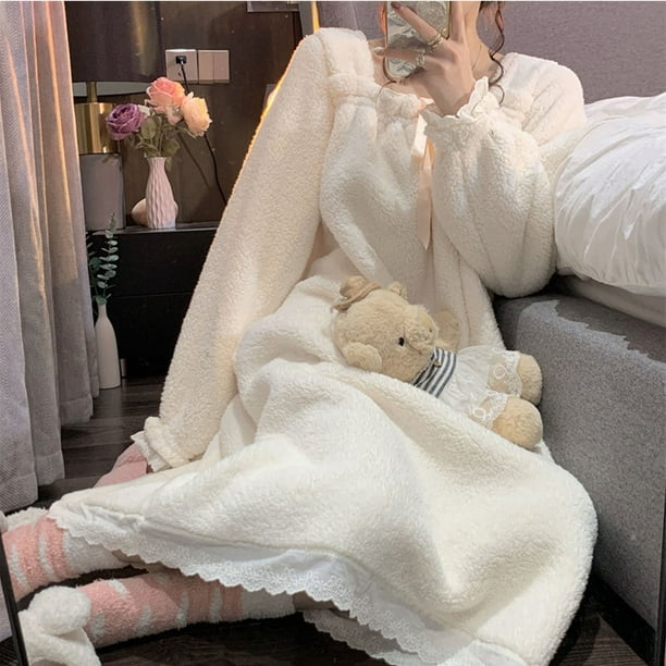 Long Fleece Nightgown, Cute Fleece Nightdress Breathable Fuzzy For Women  For Bedroom Nightgown 