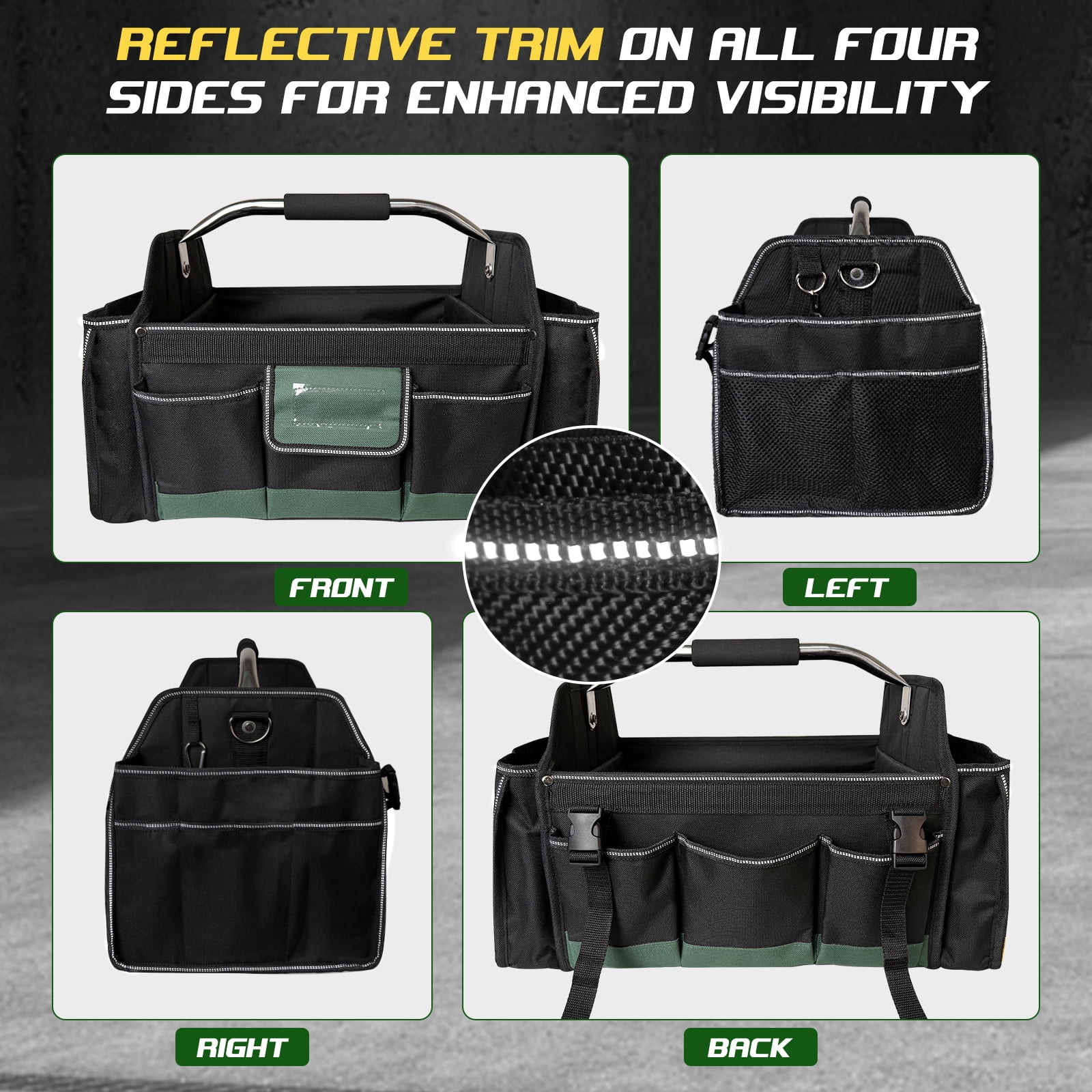 18" Heavy Duty Tool Bag, Open Top Tool Tote for Electricians, 30 Pockets, 1680D Oxford Fabric, Foldable with Rotating Handle, Reflective Tool Bag, Green
