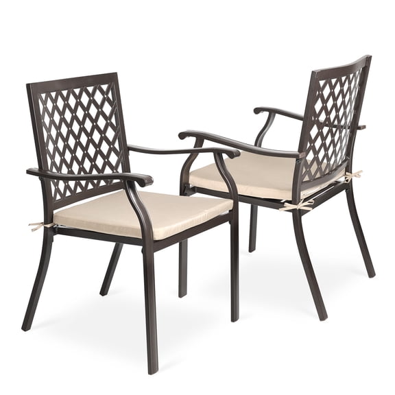 Aoodor Patio Outdoor Dining Chairs Set of 2, Stackable Metal Chairs with Armrests and Cushions for Lawn, Garden, Yard