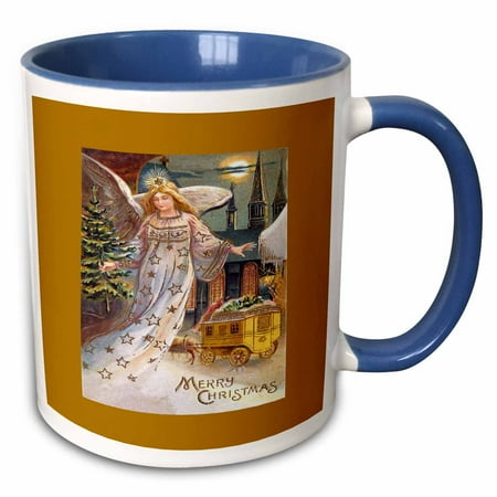 3dRose Christmas Angel with a Small Tree, Horse and Carriage in the Snow - Two Tone Blue Mug, 11-ounce