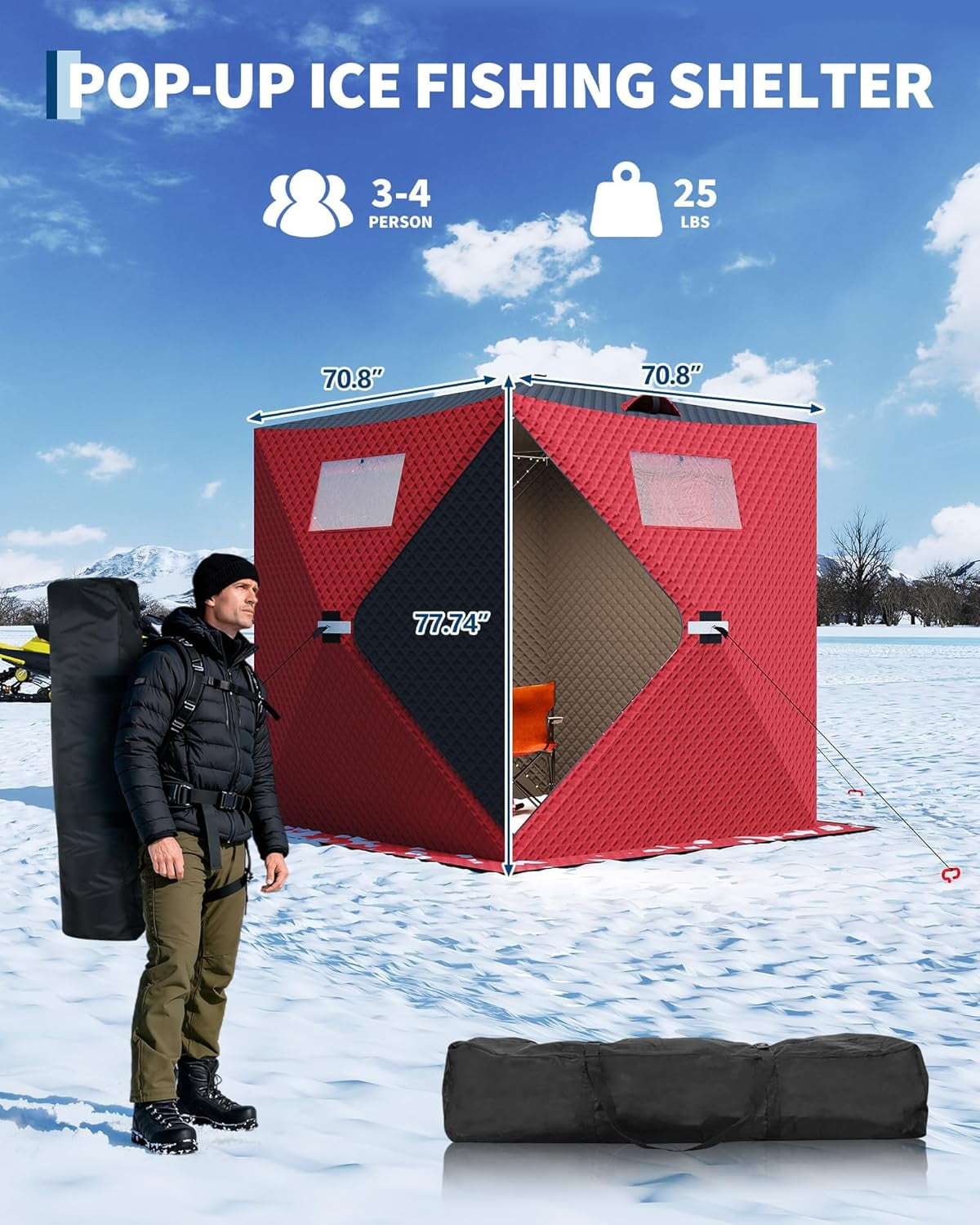 Lumiparty Pop Up Ice Fishing Tent Fully Insulated, Portable 3-4 Person Ice Fishing Shelter, Waterproof Oxford Fabric, Winter Windproof Hut Snow Hub with Anchors, Ropes & Carry Bag, Red & Black