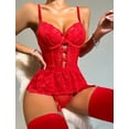 thumbnail image 2 of Women's Snap Crotch Lingerie Set with Garter Belt Floral Lace Bodysuit with Panty Deep V Neck Teddy Babydoll Bodysuit Underwear Red L, 2 of 5