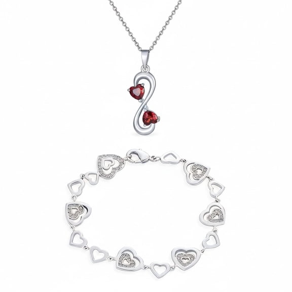 Bling Jewelry Womens Red Infinity Heart Necklace & CZ Multi-Heart Bracelet Set Sterling Silver