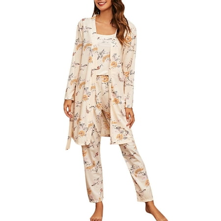 

Rejlun Ladies Sleepwear Crew Neck Flannel Pajamas Sets Long Sleeve Nightwear Women Warm Lounge Set Apricot S
