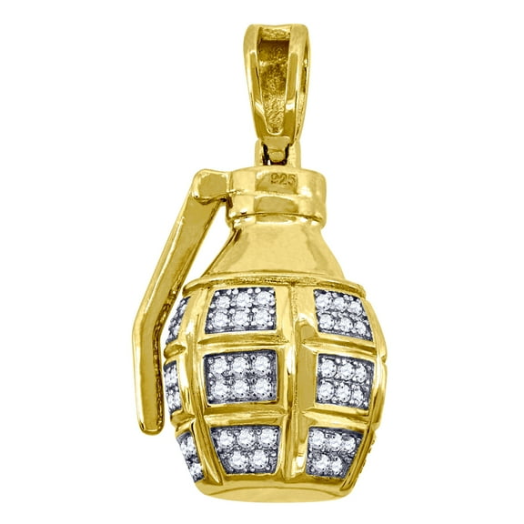 Yellow-tone 925 Sterling Silver Mens Round Cubic Zirconia Grenade Charm Pendant Necklace for Men