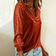 thumbnail image 4 of Lenpel Velvet Tops for Women Sparkly Long Sleeve Cowl Neck Sequin Patchwork Velour Blouses Glitter Party Shirts(Orange,X-Large), 4 of 5