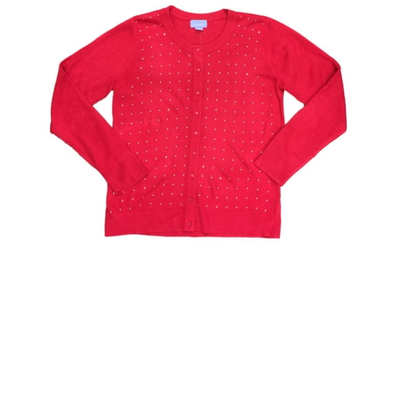 Womens Cherry Red Knit Bedazzled Sweater Casual Dress Cardigan Pullover
