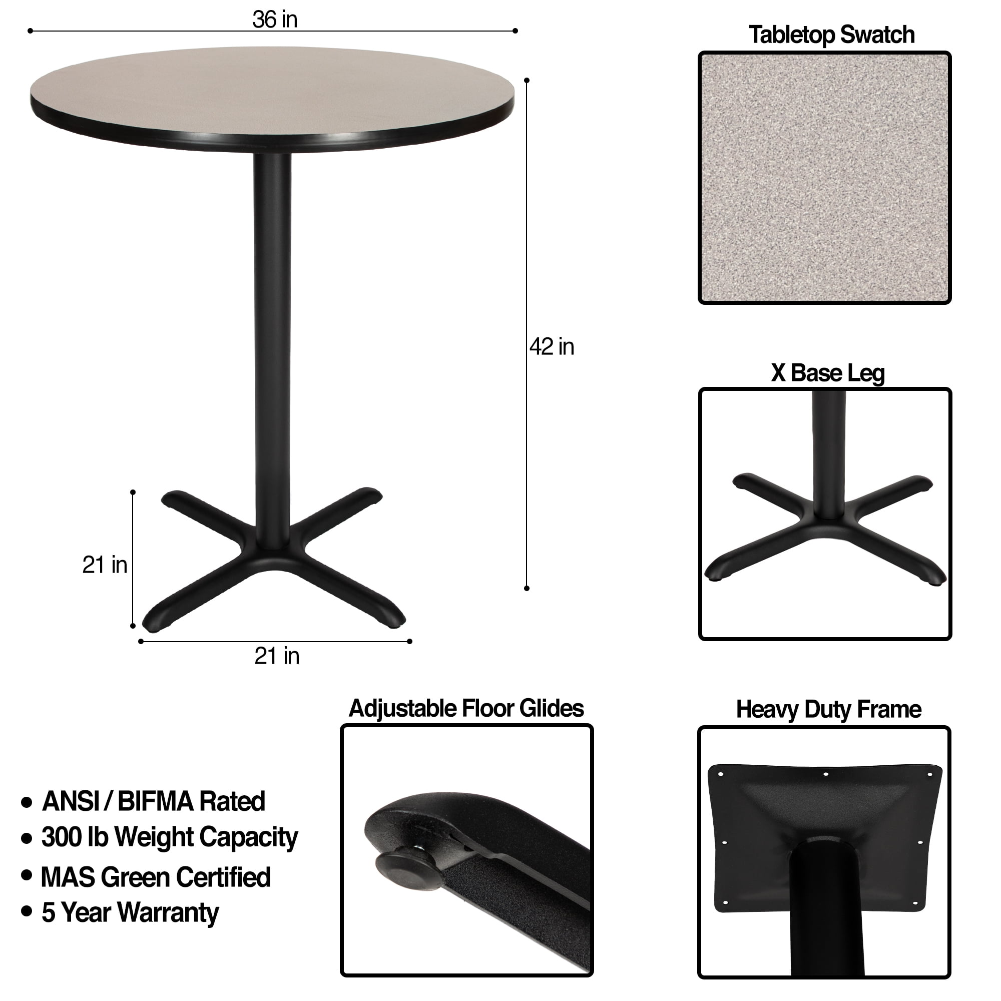 Hampden Furnishings Bennet Collection Steel Frame 36" Round Top, X Base, 42" Height Cafe Table, Black Frame/Grey Nebula Top