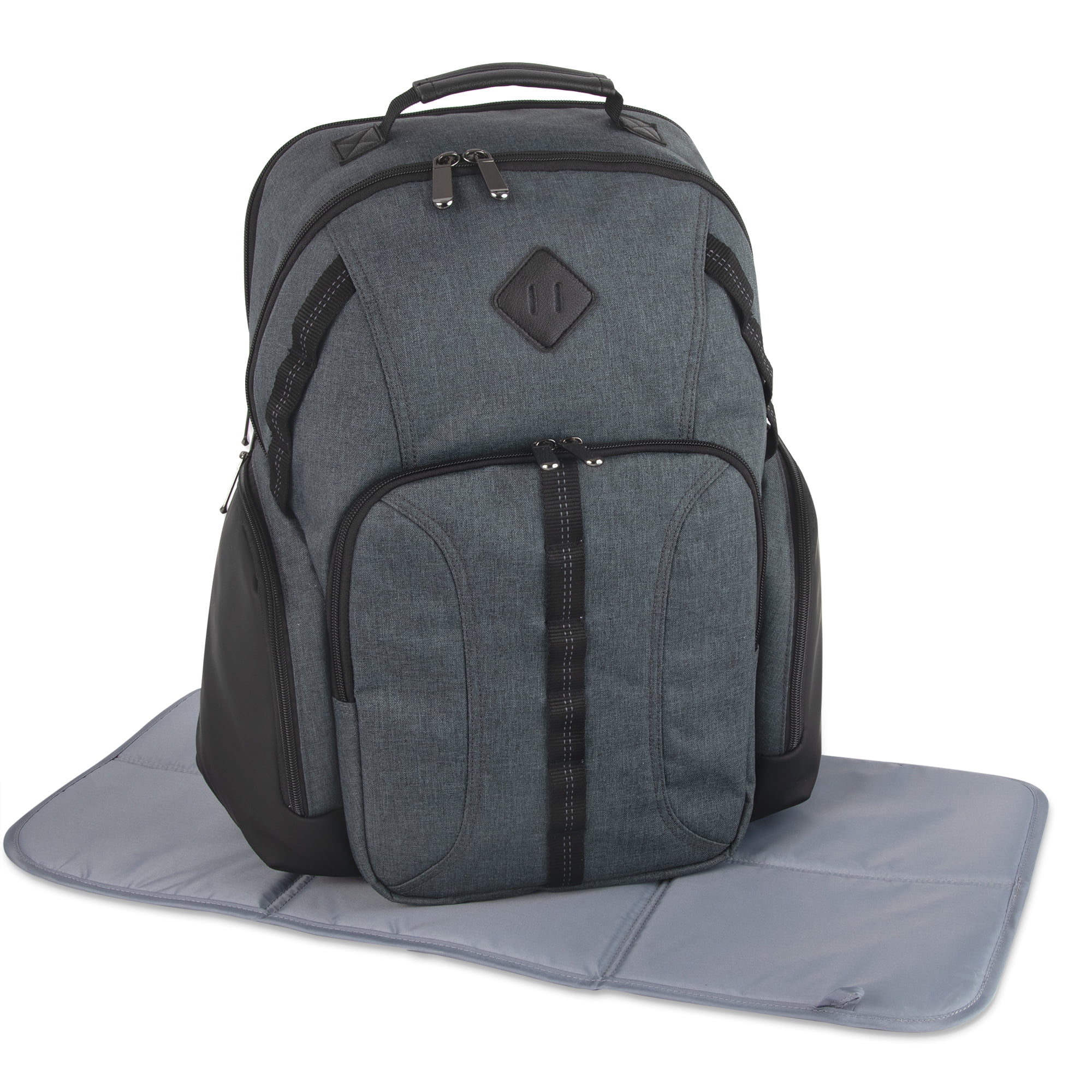 Baby Essentials Super Cooler Multi-Pocket Dual Zipper Closure Diaper Bag Backpack with Matching Changing Pad, Insulated Bottle Pockets and Stroller Straps in Gray & Black