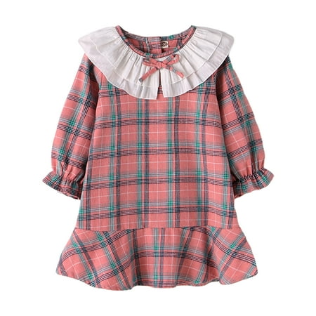 

3t Girl Clothes 3-4Y Little Girl Outfits Ruffle Neck Long Sleeve Pink Plaid Dress Sizes 2Y-7Y