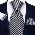 thumbnail image 2 of Hi-Tie Mens Black White Plaid Ties Classic Houndstooth Necktie with Handkerchief Cufflinks Set Business, 2 of 7