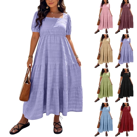 Horkkom Maxi Dresses for Women Plus Size Summer Short Sleeve Tiered Dress Casual Loose Beach Long Dresses XXL