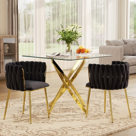KATBOC Dining Table Set, 36in Square Tempered Glass Dining Table with Chrome Metal Legs & Set of 2/4 Velvet Upholstered Side Chairs, Modern Dining Furniture for Kitchen, Apartment & Dining Room