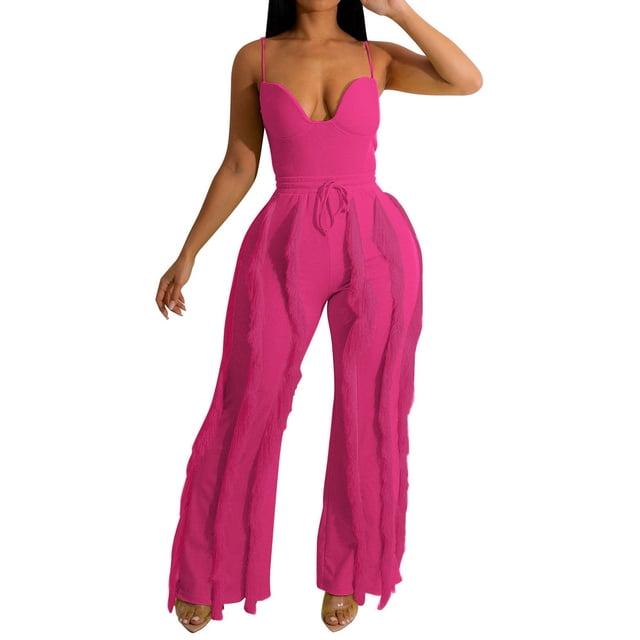 Costumes pour Femmes Ensemble 2 Pcs Tenues d'Été pour Femmes 2024 Ensemble de Vêtements Tendance Femme Col Rond Hauts Sans Manches Ensembles Pantalon Style Pantalon Long P_397 Survêtements pour Femmes Rose1 TG