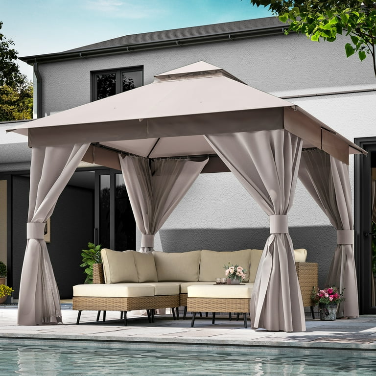 LAUSAINT HOME 10'x10' Patio Gazebo, Double Roof Outdoor Shelter Tent with Mosquito Nettings and Privacy Screens, Khaki LAUSAINT HOME 10'x10' Patio Gazebo, Double Roof Outdoor Shelter Tent with Mosquito Nettings and Privacy Screens, Khaki