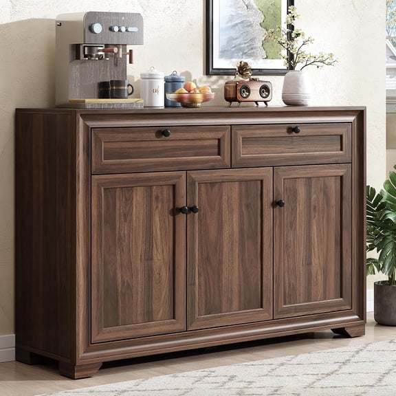 48 Inches Sideboard Buffet Cabinet with Storage, Farmhouse Sideboard with 2 Drawers and 3 Doors, Wood Coffee Bar Cabinet with Adjustable Shelves for Living Room, Kitchen, Hallway, Brown