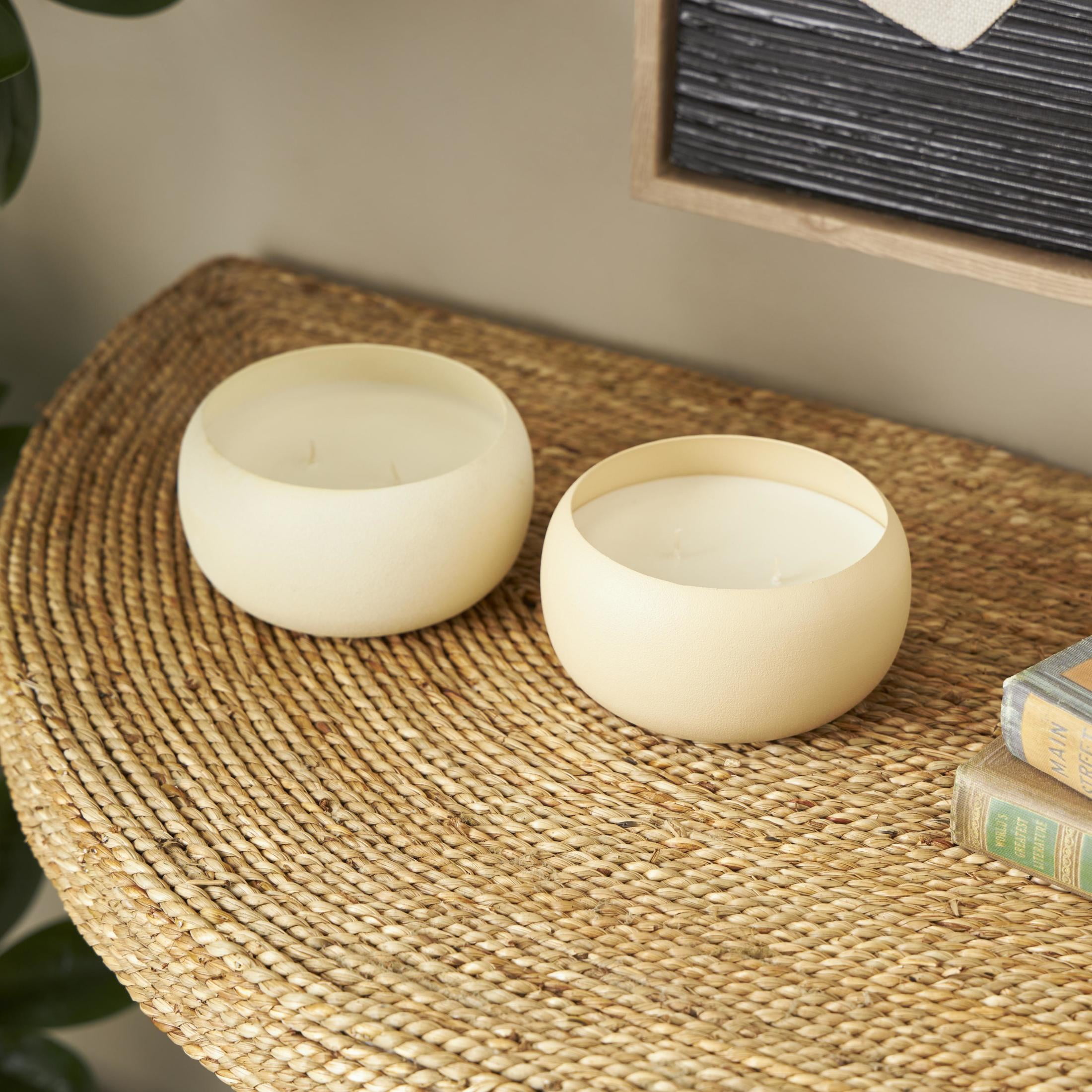DecMode 2 Holder Beige Metal Fresh Cotton/ White Tea & Ginger Scented Textured 11oz 2 Wick Candle with White Wax, (Set of 2)