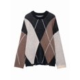 thumbnail image 3 of Women Color Block Argyle Plaid Oversized Chunky Knit Crewneck Sweaters Black S, 3 of 9