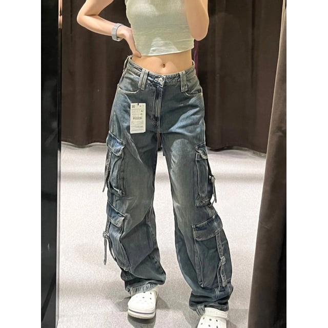 Pantalones Cargo de pierna ancha para mujer, múltiples bolsillos con diseño de ropa de calle, Jeans de gran tamaño lavables de nicho de moda, Y2k, Otoño e Invierno