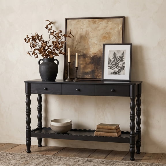 MIDOQIN Console Table, 2-Tie 47.2" Solid Wood Entryway Table with 3 Drawers, Vintage Carved Legs, Lower Wave-Edge Shelf for Entryway, Foyer, Black