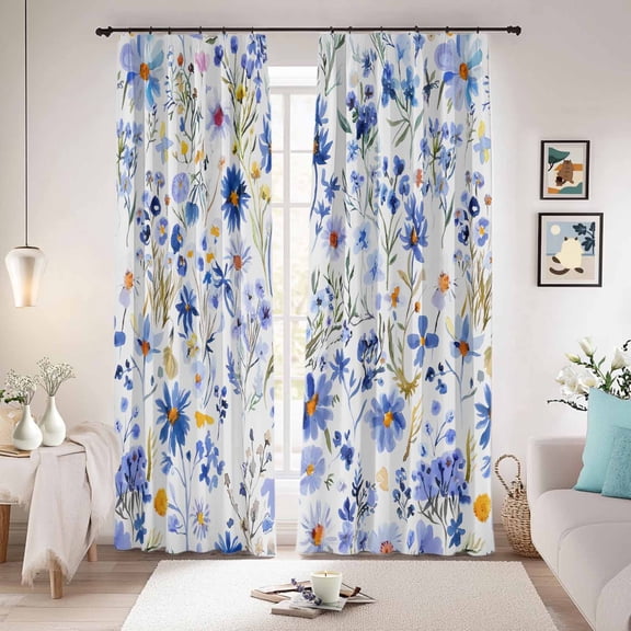 Spring Floral Blackout Curtains for Bedroom/Living Room, Pinch Pleated Black Out Curtains, Blue Flowers Farm Pastoral Wildflowers Room Darkening Window Drapes with Hooks 2 Panels, 39"x70"