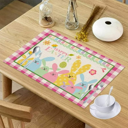

Happy Easter Gnomes Carrrot Rabbit Colorful Eggs Placemats Placemat for Dining Table Decorations Washable Table Mats for Kitchen Dinner Banquet