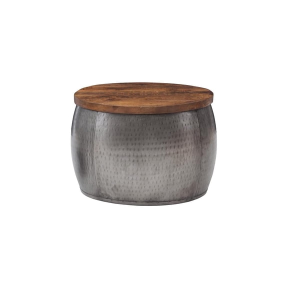 Homestock Rustic Retreat Drum With Storage - 22.5 X 22.5 X 16, Hammered Iron Drum with Mango Wood Top, Coffee Table & Storage Bin