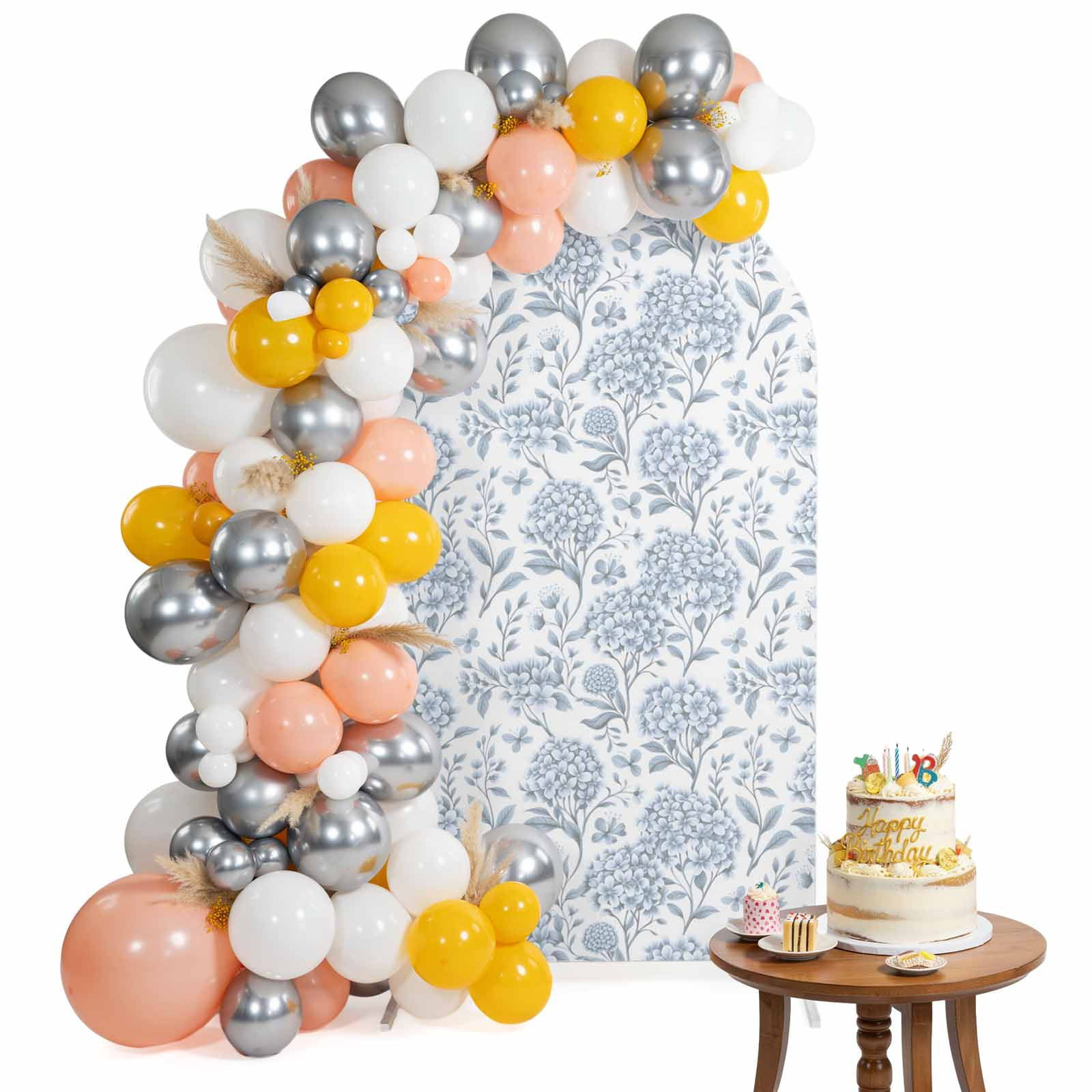 Spring Blue Flowers Arch Backdrop Cover 4 Ft Hydrangeas Floral Leaf Farm Plants Spandex Fitted Stretchy Arch Cover, Round Top Chiara Backdrop Cover for Wedding Birthday Baby Shower
