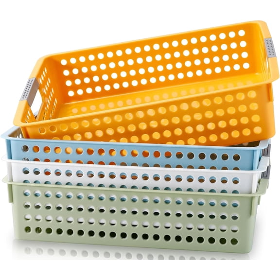 4 Pcs Turn in Trays Classroom, A4 Paper Trays for Classroom with Handles, Stackable Plastic Storage Baskets, Colorful Paper Organizer Baskets, for Library Drawers Office Home((4 Colors)