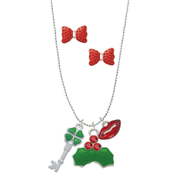 Delight Jewelry Silvertone Translucent Green Lucky Four Leaf Clover Key Christmas Kiss Charm Necklace and Stud Earrings