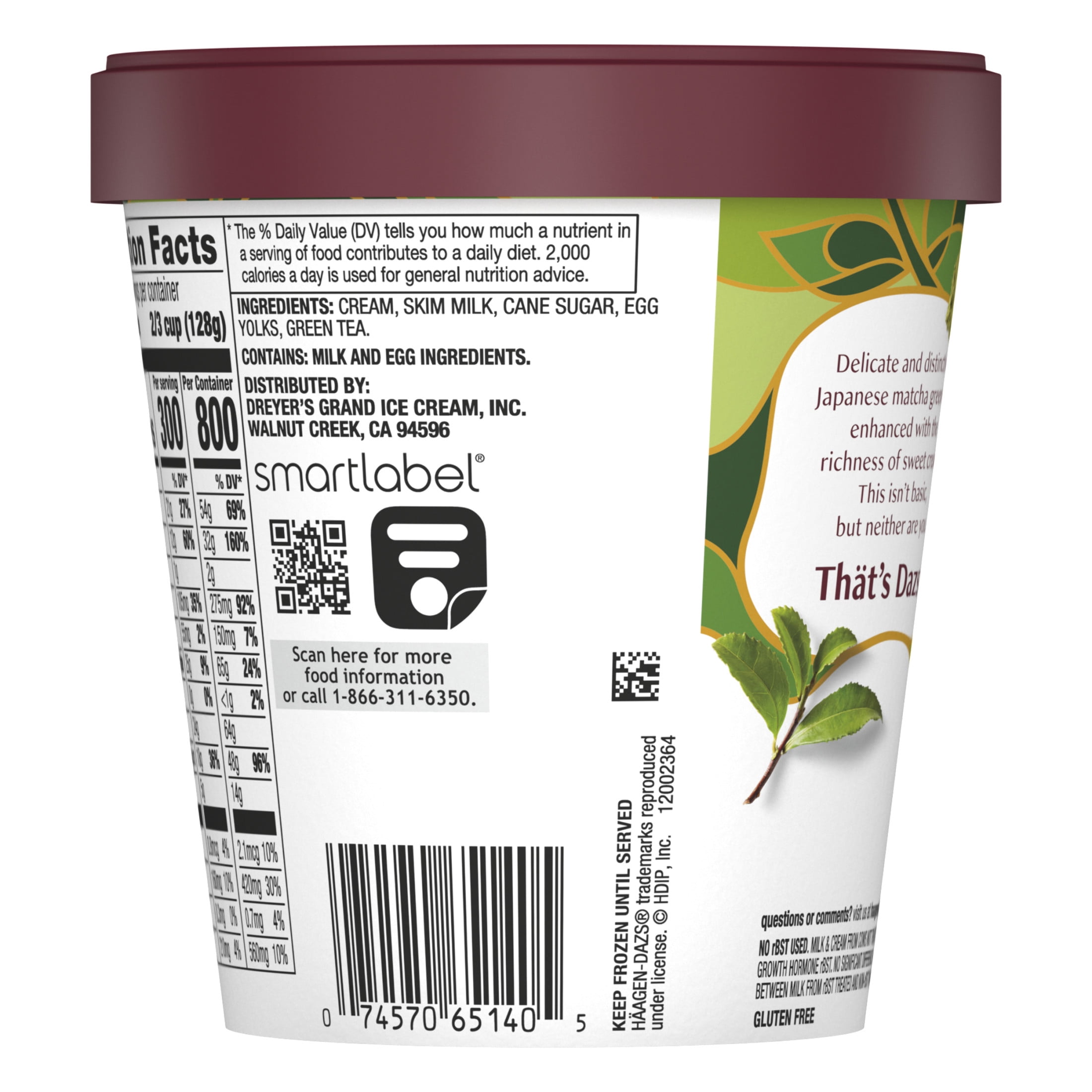 Haagen Dazs Matcha Green Tea Ice Cream, Gluten Free, Kosher, 1