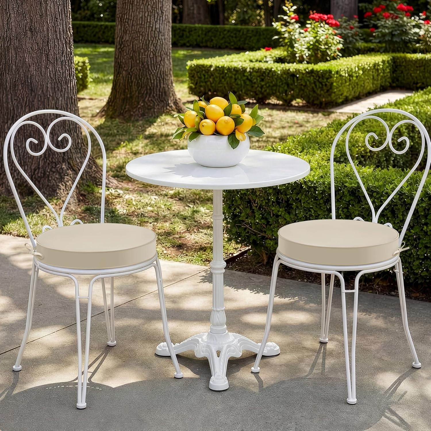 Outdoor Bistro Chair Cushions Set of 2, 15" D x 3" H Round Chair Cushions Waterproof and Fade Resistant Chair Cushion Pads with Non-Slip Ties and Removable Covers for Garden, Cream