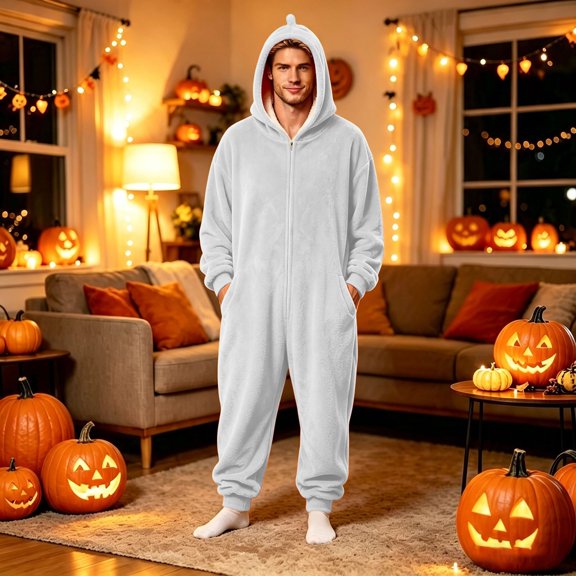 Yaoyar Men's Solid One Piece Lounge Jumpsuit, Long Sleeve Hooded Zip Front with Pockets for Home Comfort